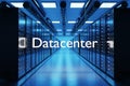 Datacenter logo in large modern data center with multiple rows of network internet server racks, 3D Illustration