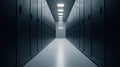 Secure server corridor in datacenter aisle, rows of racks and cool lighting emphasize infrastructure reliability and Royalty Free Stock Photo