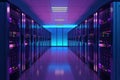 Datacenter server room interior with rows of computer equipment racks. Networking gear, servers, and storage devices are arranged