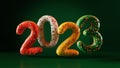 2023 date from assorted donuts on green background. Merry Christmas and Happy New Year. 3D render