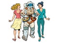 Date. A astronaut with two girls. Unconventional marriage. Friends are walking Royalty Free Stock Photo