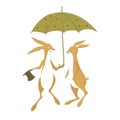 Date at the bunnies. Hares walk under an umbrella. Vector illustration for children isolated on a white background. Royalty Free Stock Photo