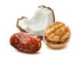 Date, coconut nut and walnut isolated on white background. With clipping path