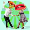 Contemporary art collage, modern design. Summer mood. Couple of dancers headed with flowers and female lips dancing on Royalty Free Stock Photo