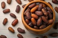 Date display Top view of dates in a wooden bowl