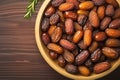 Date display Top view of dates in a wooden bowl