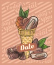 Date ice cream scoop in cone. Vector sketch illustration. Fruit ice cream idea, concept