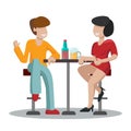 Date man and woman in a red dress. A couple of people are sitting on high bar stools at a table and drinking beer and wine. Royalty Free Stock Photo