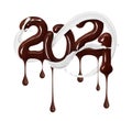 Date of the New Year 2021 made of melted chocolate with milk splashes, isolated on white background