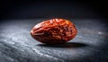 A single wrinkled red date sits on a dark gray textured surface Royalty Free Stock Photo