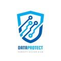 Date protection - logo vector illustration. Abstract shield symbol with electronic design elements. Antivirus creative sign. Guard