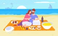 Date seashore. Romantic couple hugging on beach, man and woman drinking wine eating food summer picnic, people rest Royalty Free Stock Photo