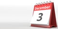 December 3 date on the flip calendar page, 3d rendering