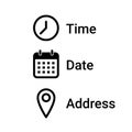 Date time address line icon invitation vector event. Place calendar clock pin address event invitation symbol design Royalty Free Stock Photo