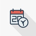 Date and time, calendar and clock thin line flat color icon. Linear vector symbol. Colorful long shadow design.