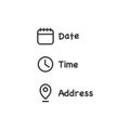 Date and time location address icon. Calendar, clock, location illustration symbol. Sign event data vector Royalty Free Stock Photo