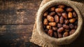 Dates in burlap sack on rustic wood table, top view, copy space Royalty Free Stock Photo