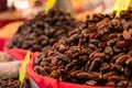 Dates on counter on Turkish market. Dried sweet dates.