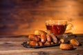 Dates and cup of tea, concept of muslim feast holy month Ramadan Kareem, copy space Royalty Free Stock Photo