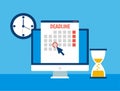 Dates and Deadlines banner. Computer with calendar, clock and hourglass