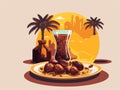 Dates Fruit Plate With Drink Glass, Jar, Palm Trees On Silhouette Mosque