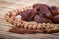 Dates and muslim prayer beads on matting Royalty Free Stock Photo