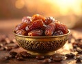 Dates in ornate golden bowl, coffee beans scattered, soft, warm light Royalty Free Stock Photo
