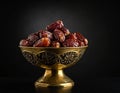 Dates overflowing in golden bowl dark background rich textures and colors Royalty Free Stock Photo