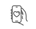 Dating app line icon. Hand hold phone sign. Vector