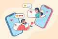 Dating app. Online chat and social match application. Romantic conversation and flirting. Cartoon couple writes messages Royalty Free Stock Photo