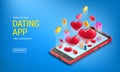 Dating app site landing with abstraction, mobile phone with hearts, online dating, social networks