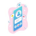 Dating app user profile on mobile phone screen. Online Dating application interface isometric concept. 3D smartphone