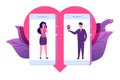 Dating applications, virtual relationships concept. Man and woman on smartphones.