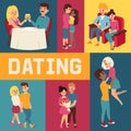 Dating banner vector illustration. People sitting in restaurant and drinking champagne. Cople in 3d glasses in cinema