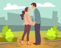 Dating couple outdoor. Young peolpe man and woman holding hands looking into each other s eyes