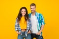 Dating couple of sensual woman and handsome man happy smiling together in casual fashion style yellow background, date Royalty Free Stock Photo