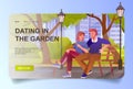 Dating in the garden concept in cartoon design for landing page. Loving couple hugging, talking and sitting on bench in park. Man Royalty Free Stock Photo