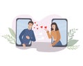 Dating and online communication. Virtual romantic date. Love during quarantine. Meeting a couple in love in a video chat