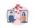 Dating and online communication. Virtual romantic date. Love during quarantine. Meeting a couple in love in a video chat