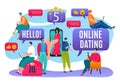 Dating online in mobile social media, people character use smartphone network chat vector illustration. Flat man woman Royalty Free Stock Photo