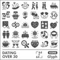 Dating over 30 line icon set, love and relationship symbols collection or sketches. Couple on date glyph linear style Royalty Free Stock Photo