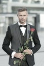 Dating services. How to be romantic. Perfectionist concept. Romantic gentleman. Man mature confident macho with romantic