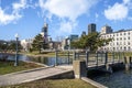 Old Montreal view from Old Port water pond Royalty Free Stock Photo