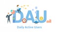 DAU, Daily Active Users. Concept with keywords, people and icons. Flat vector illustration. Isolated on white.