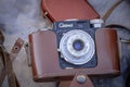 Daugavpils, Latvia - 16 09 2023: Old Smena black camera in brown leather case at flea market