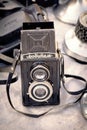 Daugavpils, Latvia - 16 09 2023: Vintage Liubitel black camera with two lenses without a case at flea market