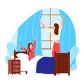 Daughter at bed pillow, mother awake girl person at home bedroom, vector illustration. Child wake up early, woman parent