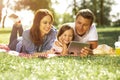 Daughter, father anf mother using digital tablet while lying on the blanket in the park