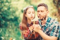 Daughter and father love dandelion flower. family summer farm. spring village country. little girl and happy man dad