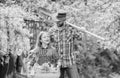 Daughter and father on ranch. little girl and happy man dad. earth day. spring village country. ecology. Gardening tools Royalty Free Stock Photo